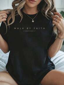 % Cotton Walk By Faith Christian Bible Verse (Front And Back Design)-Shirt Summer Tops Women - màu đen - Xem 2