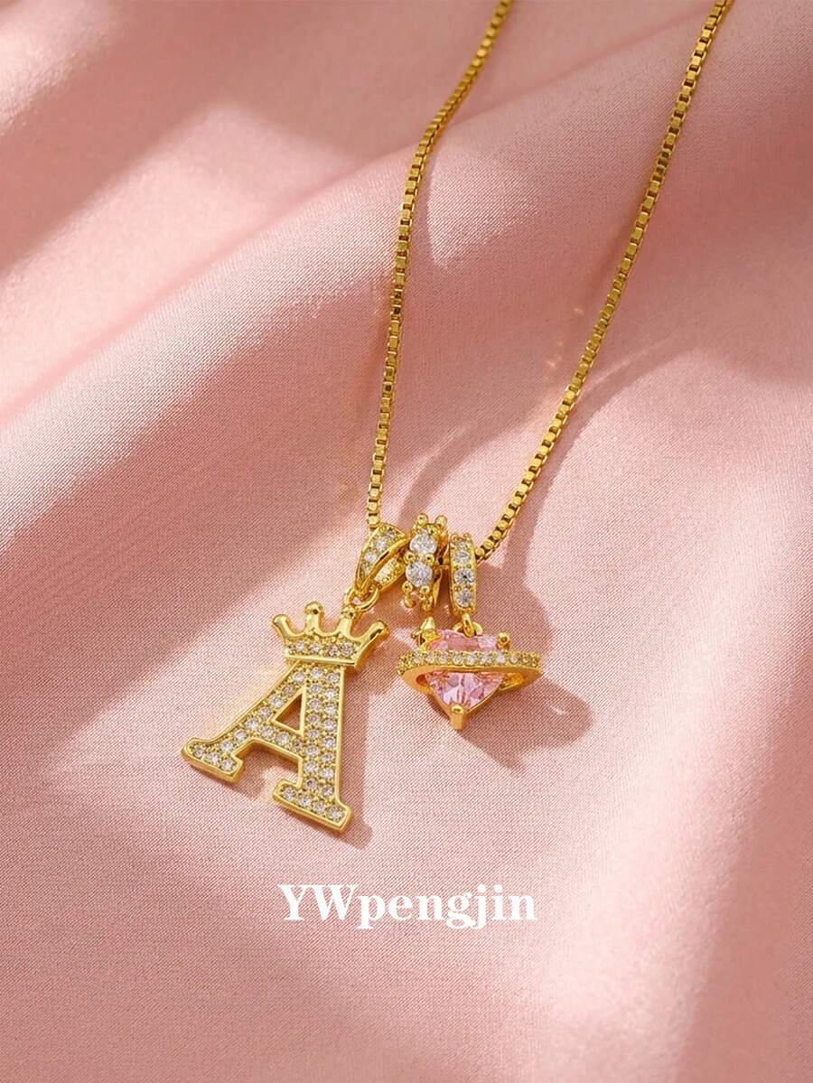 1pc Delicate, Lightweight, Luxurious Y2K Style Cubic Zirconia Heart & Letter Pendant Necklace With Stainless Steel Chain, Ideal Gift For Girlfriend, Mom, Family, Friends, Girls On Anniversary, Valentine's Day, Birthday, Graduation, Prom, Mother's Day, Christmas - Gold - View 1