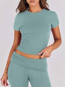 Lounge Sets For Women 2 Piece Foldover Yoga Flare Leggings Pants Crop Tops Casual Y2K Outfits Matching Tracksuit Set - 綠湖 - 查看 4