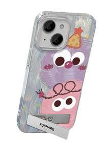 1pc Fluffy Feather Full Coverage Phone Case With Cute Pom-Pom & 3D Metal Stand, Compatible With IPhone 11/12/13/14/15/16/17/Pro Max - Silver - View 3