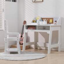 Conjunto de Escritorio y Silla Infantil de Madera, con Cajones de Tela y Portaplumas, Mesa de Estudio y Escritura para Niños y Niñas - Blanco - Ver 1