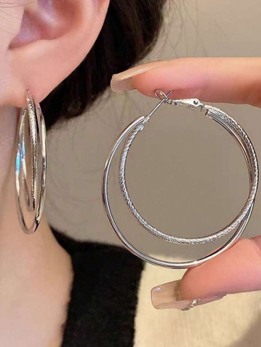 1对极简双圈耳环，时尚高端个性化百搭耳环 - 銀色 - 查看 1