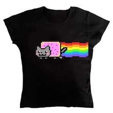 Y2K Nyann Cat Cute Meme Baby Tee, Nyannn Cat Cute 2000s Aesthetic Graphic Printed Baby Tee, Outfits, Downtown Girl Clothes, Summer Outfits, OOTD, Downtown Girl Baby Tee, Gift For Her, Outfits - màu đen - Xem 1