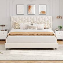 Base de Cama Plataforma King de Alta Resistencia, Cabecera Tapizada Ajustable, Soporte de Listones de Madera, Ideal para Dormitorio - Beis - Ver 3