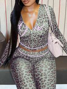 LovelyWholesale Women'S Cute Hooded Long Sleeved Letter Leopard Print Zipper Jacket And Flared Pants Set Spring Break Outfits Summer Clothes Vacation Outfits - Army Green - View 4