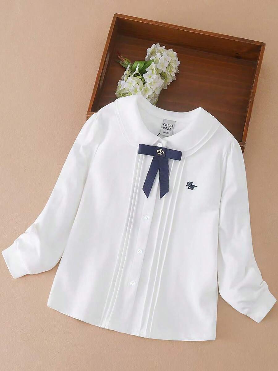 Tween Girl College-Style Turn-Down Collar Long-Sleeved Shirt, Spring And Autumn - White - View 1