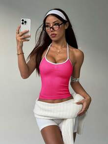 Women's Racerback Sports Tank Top, Fashionable Solid Color Workout Vest Suitable For Yoga, Fitness And Running - Hot Pink - View 7