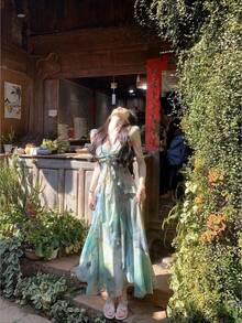 Seaside Holiday Wind Printing Light Green Smudge Gradual Change Printing V-Neck Waist Big Swing Chiffon Dress, Mori Fairy Wind, Seaside Photo Dress - 彩色 - 查看 2
