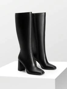 Women's Chunky Heel Go-Go Boots - Square Toe Knee High Side Zip Tall Boots For Casual, Retro, Party - PU đen - Xem 2