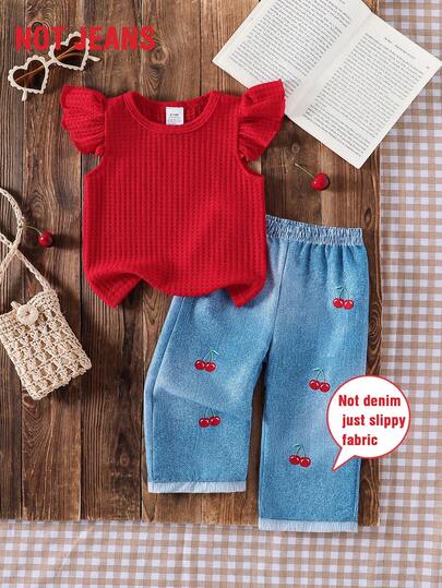 2pcs Baby Girls' Spring/Summer Outfit Set, Newborn Sleeveless Waffle Knit Top & Cherry Print Straight Leg Pants, Elegant & Fashionable Casual Clothing For Daily Outings