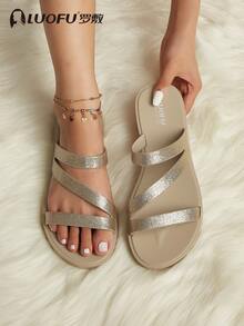 luofu 新款时尚女士闪光金拖鞋，舒适透气橡胶鞋底，户外休闲优雅派对活动防滑家居凉鞋 - 卡其色 - 查看 7