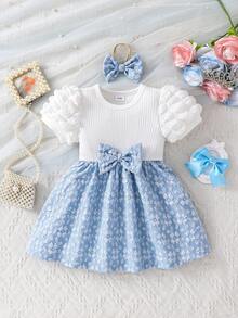 Đầm công chúa mùa hè thanh lịch màu xanh dương và trắng phối họa tiết, tay phồng và viền chân váy jacquard cho bé gái. - Xanh và trắng - Xem 1