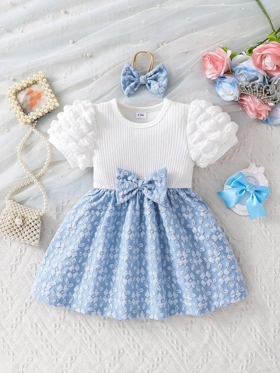 Đầm công chúa mùa hè thanh lịch màu xanh dương và trắng phối họa tiết, tay phồng và viền chân váy jacquard cho bé gái. - Xanh và trắng - Xem 1