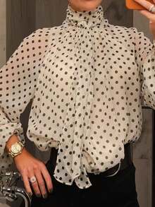 Polka Dot Print Long Sleeve Blouse, Elegant Minimalist Women's Clothing/Valentine's Day Outfit - Beige - View 3