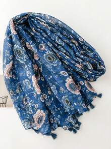 1 pieza Elegante bufanda/pañuelo de mujer de color azul con patrón floral de moda, liviana con flecos, adecuada para citas, uso diario, fiestas, viajes y salidas - Multicolor - Ver 8