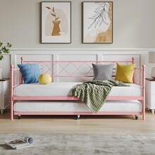 Daybed With Trundle, Trundle Bed Twin With Heart-Shaped Headboard, Sturdy Metal Day Bed With Steel Slat Support, Twin Daybed For Living Room, Bedroom And Guest Room, Easy Assembly,Pink - Hồng - Xem 3