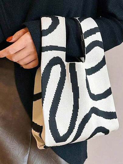 1pc Geometric Pattern Crochet Knotted Handbag For Women, Suitable For Vacation Mini Crochet Tote