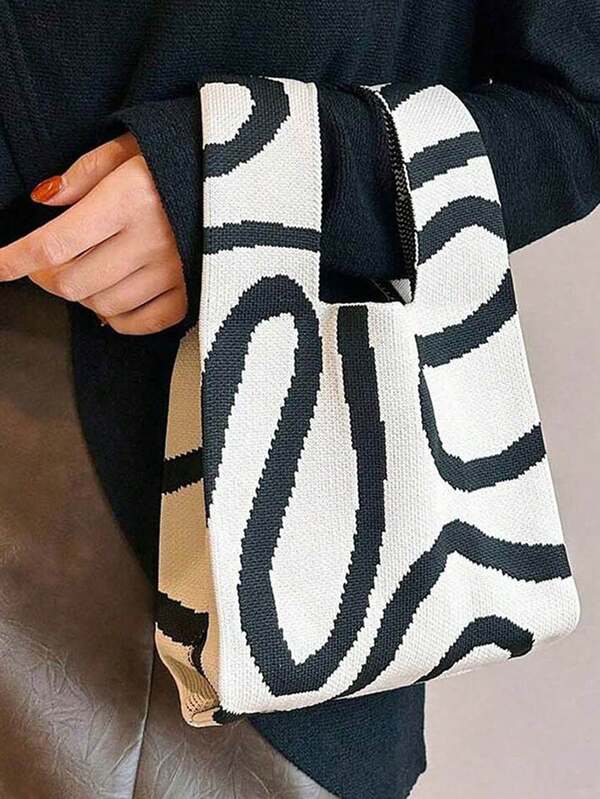 1pc Geometric Pattern Crochet Knotted Handbag For Women, Suitable For Vacation Mini Crochet Tote