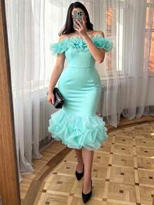 性感无袖露肩鸡尾酒礼服，荷叶边修身晚礼服，适合婚礼、派对及其他场合 - 薄荷綠 - 查看 1