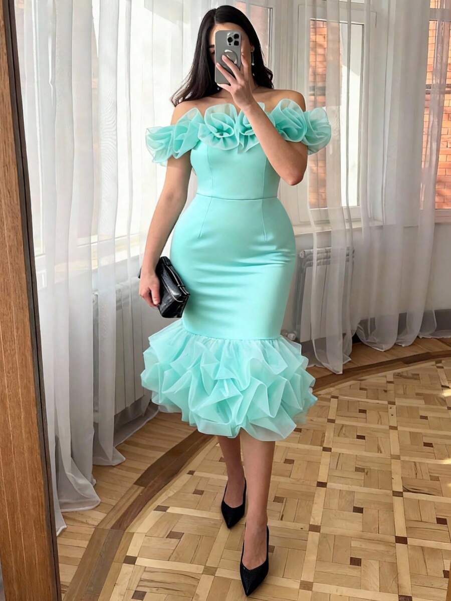 性感无袖露肩鸡尾酒礼服，荷叶边修身晚礼服，适合婚礼、派对及其他场合 - 薄荷綠 - 查看 1