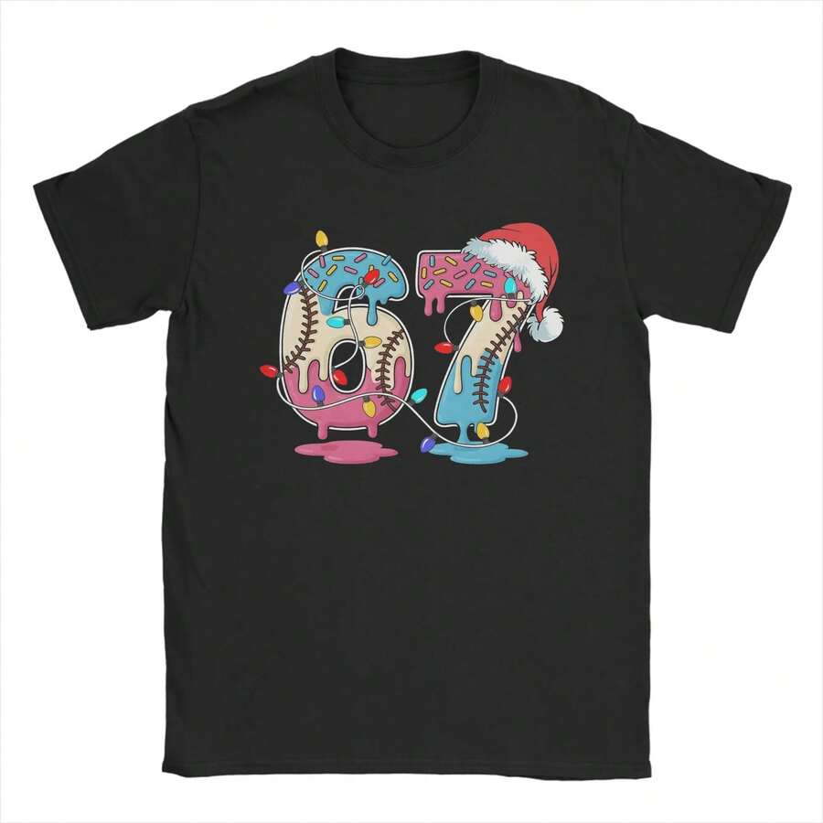 Camiseta de algodón para hombres de verano, camisetas de cuello redondo hippie, seis siete, béisbol, helado, meme genial, 67, luces navideñas divertidas - Negro - Ver 1