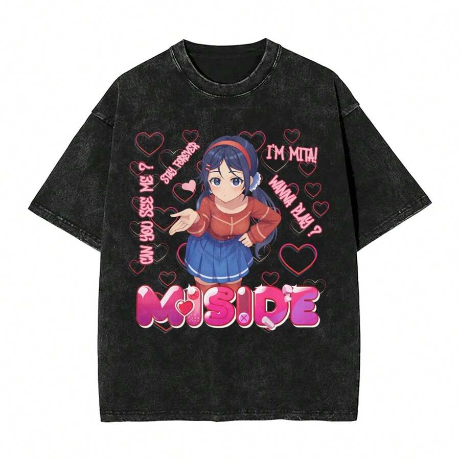 Summer Mita MiSide Washed T Shirt Merch Oversize T-Shirts Men Women Tees - màu đen - Xem 1
