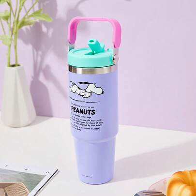 Miniso Snoopy Colorful Retro Series Handle Double-Layer Straw Steel Cup 880mL/29.8oz, 304 Stainless Steel Insulated Cup, Portable For Car, Office & Student Use (1 PC)