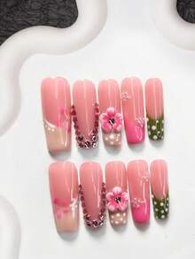 10件套甜美酷炫少女风亚克力美甲套装，包含亚克力美甲贴纸、手工五瓣渐变粉色花朵、粉色圆形钻石装饰、白色美甲贴片、粉色五瓣印花、绿色指甲油，是送给女性和女孩的理想美甲礼物，附赠美甲工具（1个果冻贴纸+1个指甲锉）。手工制作的按压式美甲贴片。 - 彩色 - 查看 15