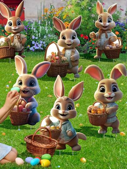 6pcs Easter Bunny Garden Decor Set - Plastic Rabbit Yard Decorations Outdoor Lawn Decor - Battery Free Electricity Free Holiday Easter Celebration Decorations, Easter Home Decor, Easter Party Background Decor