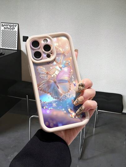 1pc Fashionable Spring Warm Tone Butterfly Pattern Beige Agate Stair Anti-Slip Shockproof Anti-Fingerprint Phone Protective Case, Compatible With Iphone 17 17 Pro 17 Pro Max Air 16 15 14 13 12 11 / S26 S25 S24 S23 / Redmi / OPPO / VIVO / HONOR Models