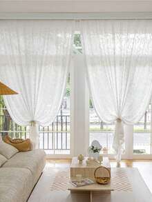 1件法式白色薄纱窗帘，带有3D浮雕叶子刺绣图案，遮光，适用于卧室、客厅、阳台 - 白色 - 查看 1