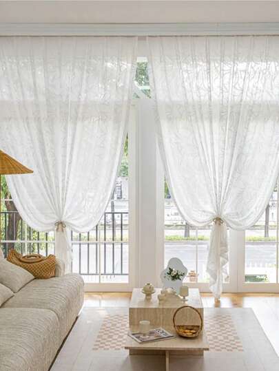 1pc French White Voile Curtain With 3D Embossed Leaf Embroidery Pattern, Blackout, Suitable For Bedroom, Living Room, Balcony