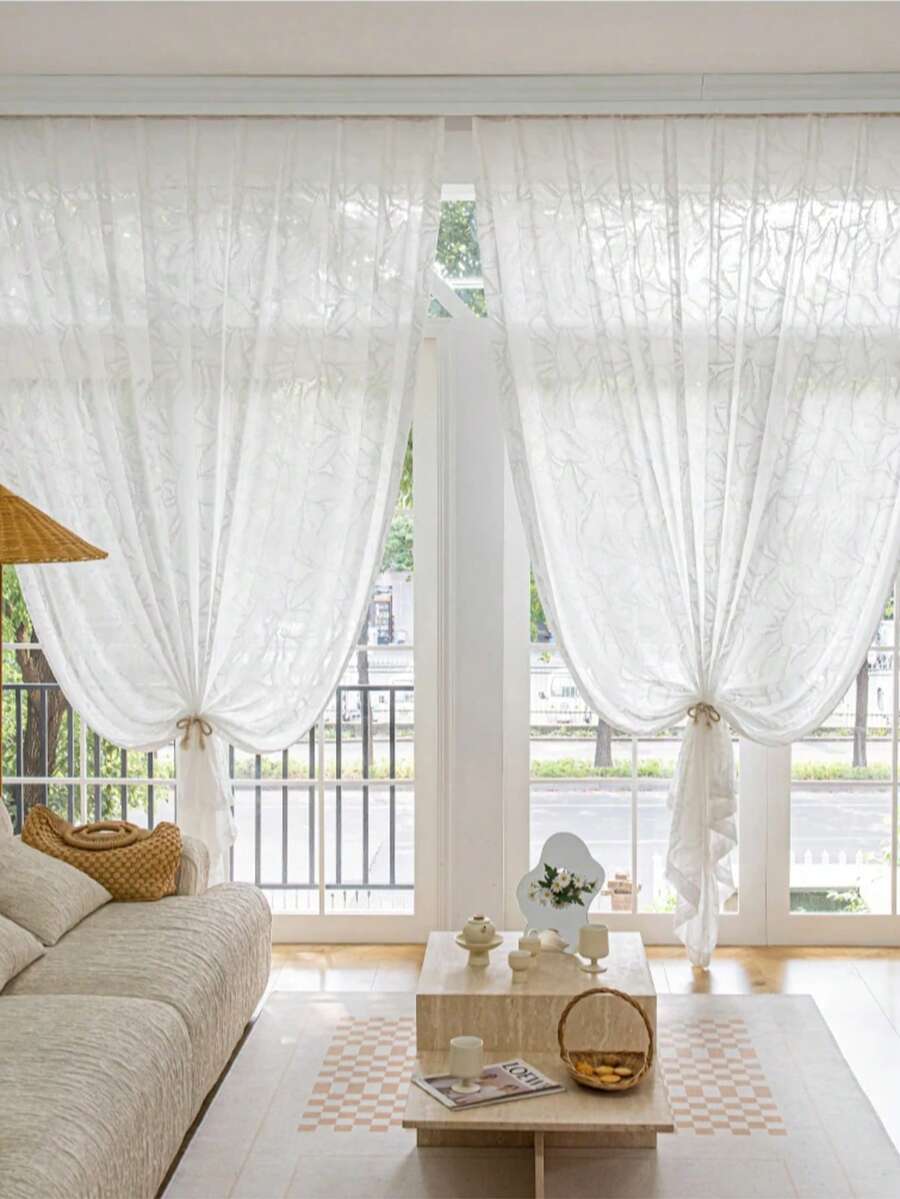 1件法式白色薄纱窗帘，带有3D浮雕叶子刺绣图案，遮光，适用于卧室、客厅、阳台 - 白色 - 查看 1