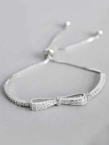 1pc Light Luxury Copper Silver Bow-Knot Full Double-Layered Chain Drawstring Bracelet For Women, Daily Wear - Silver - View 3