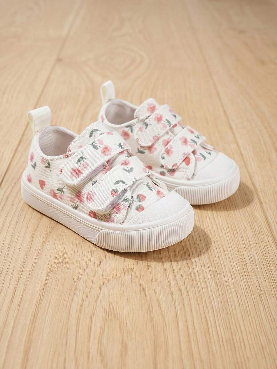 1 đôi giày bệt cổ thấp bằng vải màu trắng in hình hoa dâu tây và trái tim, thích hợp cho bé gái mang hàng ngày vào mùa xuân (Họa tiết ngẫu nhiên) - trắng - Xem 1
