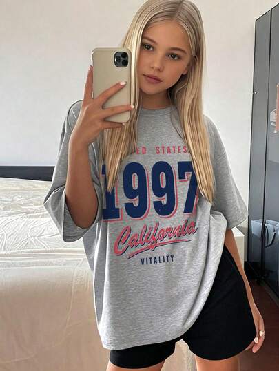 Girls' 1997 California Graphic Oversized Tee - Retro US Varsity Print Y2K Aesthetic Loose Short Sleeve Back To School Hangout Top