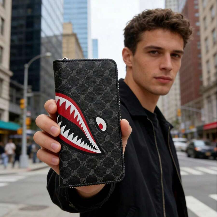 New Multi-Compartment European And American Fashion Wallet, PU Anti-Wear Clutch Bag, Men Large Capacity Multi-Card Slot Zipper Handbag - Black - View 1