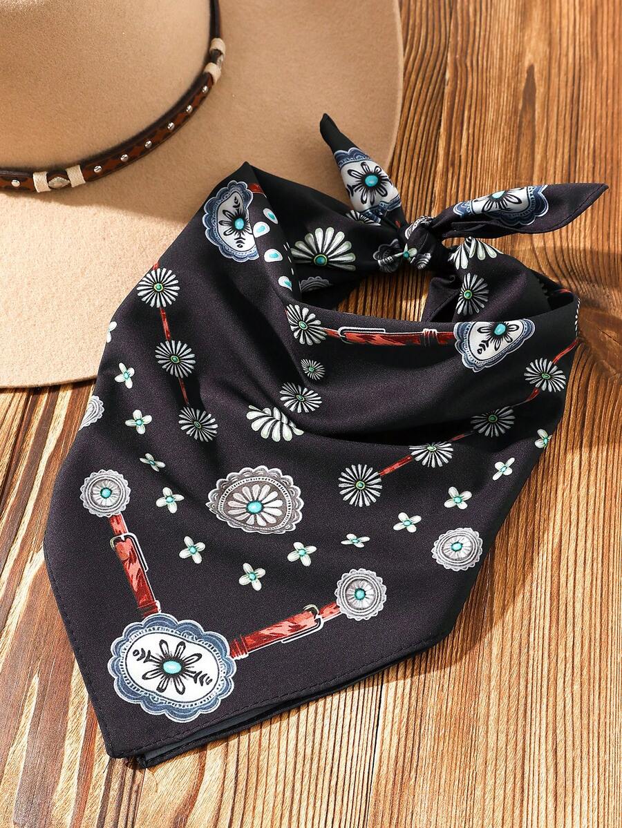 1 chiếc khăn choàng nữ kiểu phương Tây họa tiết Bohemian - Phụ kiện đa năng dành cho phái nữ, được làm từ polyester, phù hợp để phối đồ hàng ngày. - màu đen - Xem 1