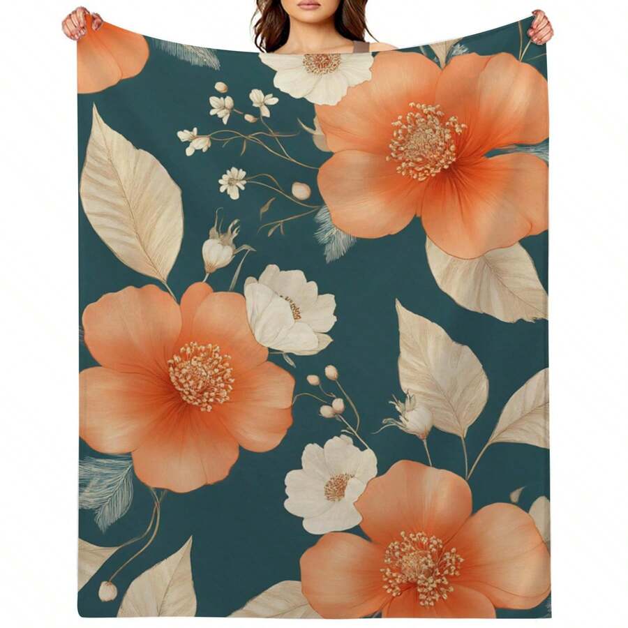 Comfortable Floral Pattern With Orange And White Flowers Printed Flannel Blanket 280GSM Soft Warm And Versatile Blanket Throw For Sofas, Beds, Offices And Travel The Perfect Gift For All Seasons, Travel Blanket Accessory, All-Season Blanket, FloralEveryday Use Throw Blanket For Couch Bed Or Lounge Area - 彩色 - 查看 1