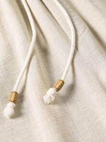 男士杏色亚麻质感抽绳直筒裤，柔软透气面料，适合休闲、度假、夏季及日常通勤，复古绅士风格 - 杏色 - 查看 7