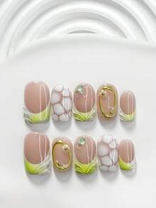 Bộ 10 móng tay gel nghệ thuật hình đa giác quả bơ mới, móng giả acrylic, họa tiết đá vẽ tay và đường kẻ kim loại, trang trí móng hoa 3D màu trắng, màu trơn gợn sóng, sơn móng tay màu xanh gradient, phong cách dịu dàng, quà tặng nghệ thuật làm móng lý tưởng cho phụ nữ và bé gái. Móng giả thủ công. - Nhiều màu - Xem 4