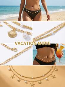 2pcs Bohemian Style Multi-Layer Beaded Waist Chain, Beach Starfish Body Jewelry For Women - Gold 2 Pieces - View 5