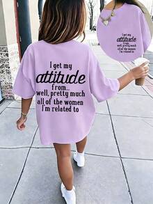 Tween Girl "I Get My Attitude From..." Slogan Print T-Shirt, & Fashionable Girls' Short Sleeve Tee For Daily Wear, School, And Street Style - Mauve Purple - View 1