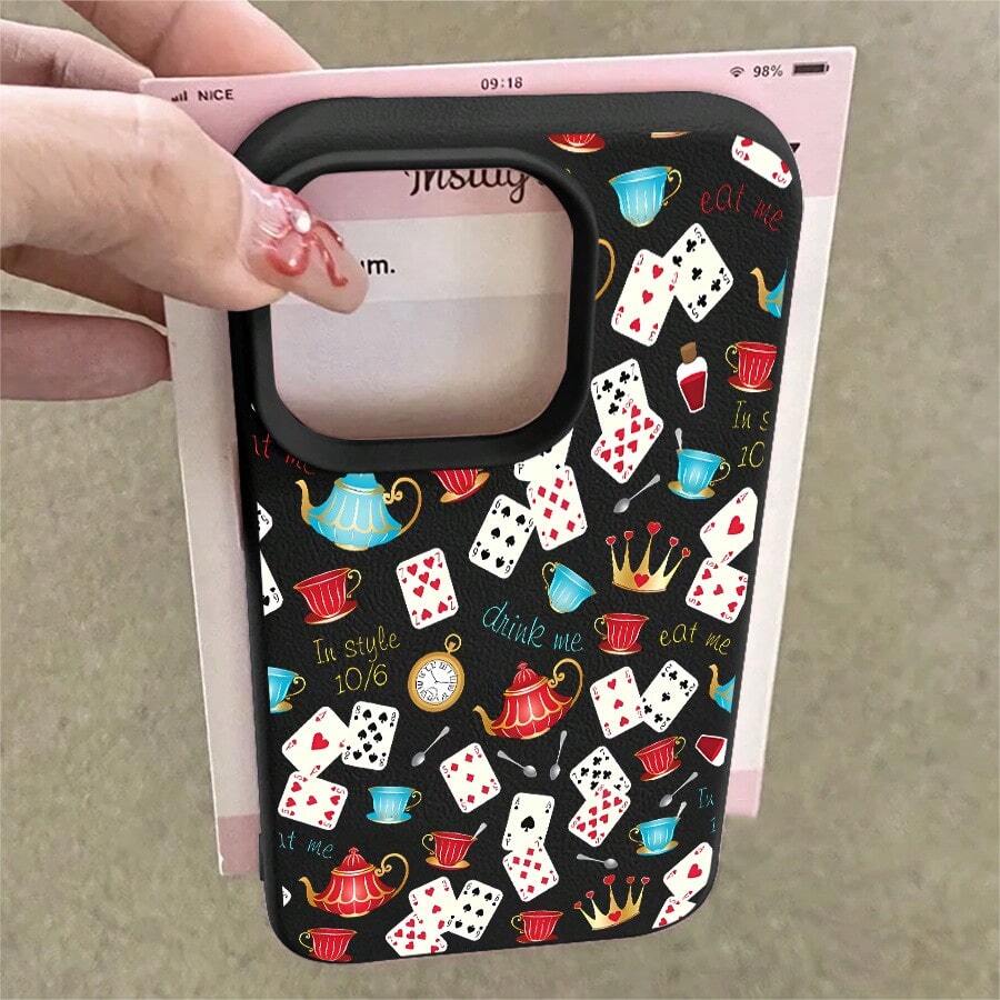 1pcs Alice In Wonderland Tea Party Playing Cards Phone Case Suitable For Apple Phone 11 12 13 Pro Xs Max XS X 14 15 16 Plus 17ProMax Antidrop Phone Case Camera Protection Phone Case Cartoon Style Quirky Cute Whimsical Can Be Given To Friends Can Be Given To A Lover - 黑色 - 查看 1