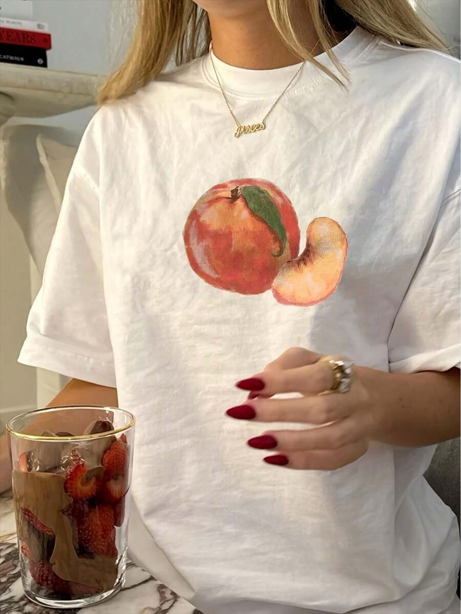 Vintage Peach Graphic Crew Neck T-Shirt for Women, Polyester Blend, Short Sleeve, Regular Length, Geometric Pattern, Knit Fabric, Casual Summer Top - Blanc - Voir 1