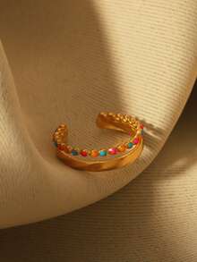 1pc Fashion Stainless Steel 18K Gold Plated Colorful Line Women's Ring, Suitable For Daily, Holiday, Wedding, Party, Birthday Wear And Decoration, Jewelry Gift For Friends And Besties - Gold - View 4