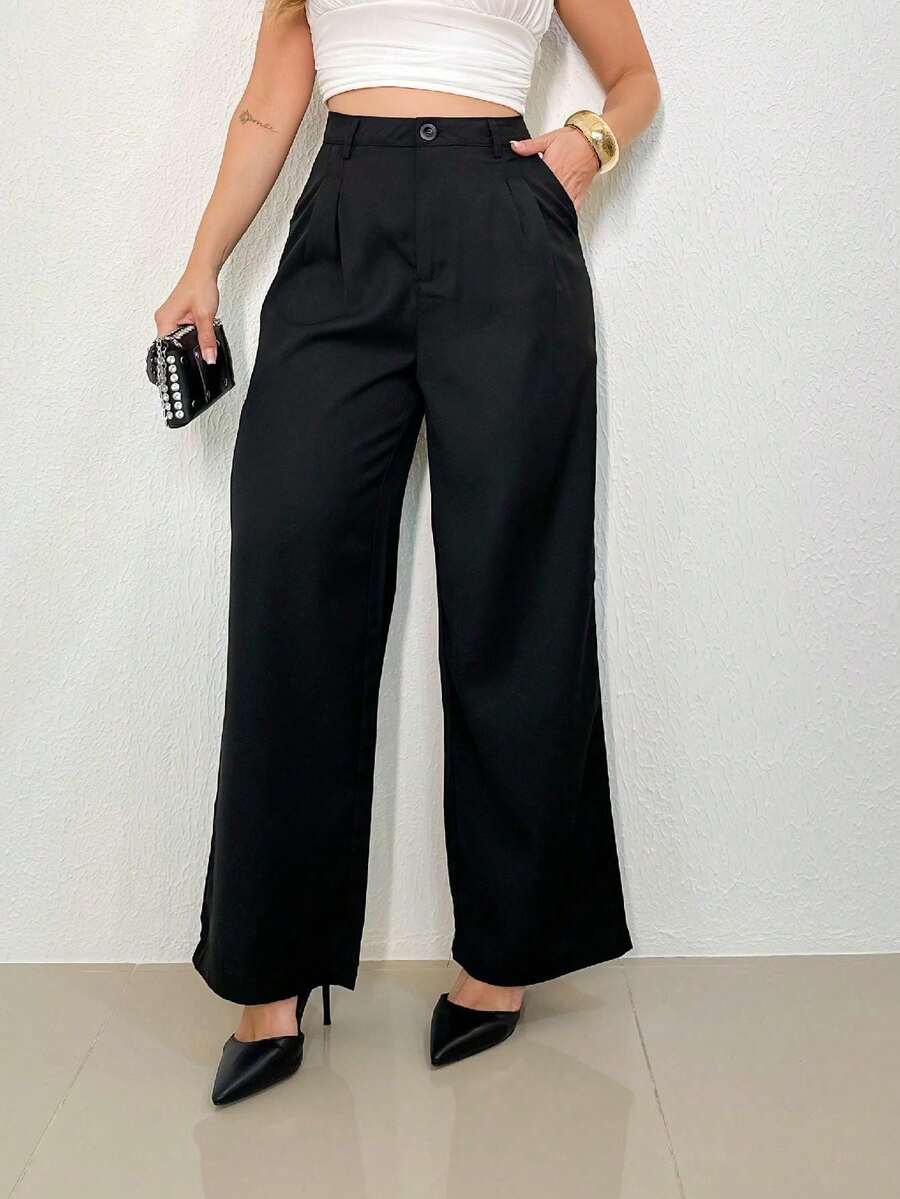 A&DD MODA, REF: XX063 Women's High-Waisted Trousers, Elegant, Casual, Wide-Leg, Straight Leg, Tailored Trousers, Flare Trousers, Dress Trousers, Comfortable Trousers, Work Trousers, Versatile Trousers, Modern Trousers, Everyday Trousers, Quality Fabric, Sophisticated Style - 黑色的 - 查看 1