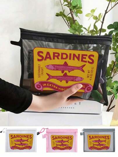 大容量便携网眼化妆包，沙丁鱼图案，学院风充电器收纳包，气垫收纳化妆包，护肤品收纳包，洗漱包，旅行必备，邮轮旅行必备，宿舍必备，旅行必备，宿舍用品，婚礼新娘礼物，母亲节礼物