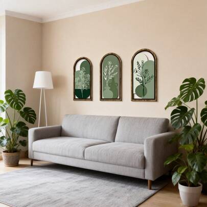 3pcs Nordic Style Arched Green Plant Wall Decor - Green Rustic Wooden Silhouette Leaves - Muted Green Tones - Instantly Elevate Space Ambiance - Bring Nature Indoors - Relieve Visual Fatigue - Wall Art For Living Room, Bedroom, Entryway - No Drilling Required - Lightweight Wooden Frame