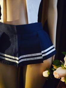 三件套：开裆连体裤、翻领、迷你裙 - 女士性感内衣，学院风角色扮演服装 - 藍白色 - 查看 3